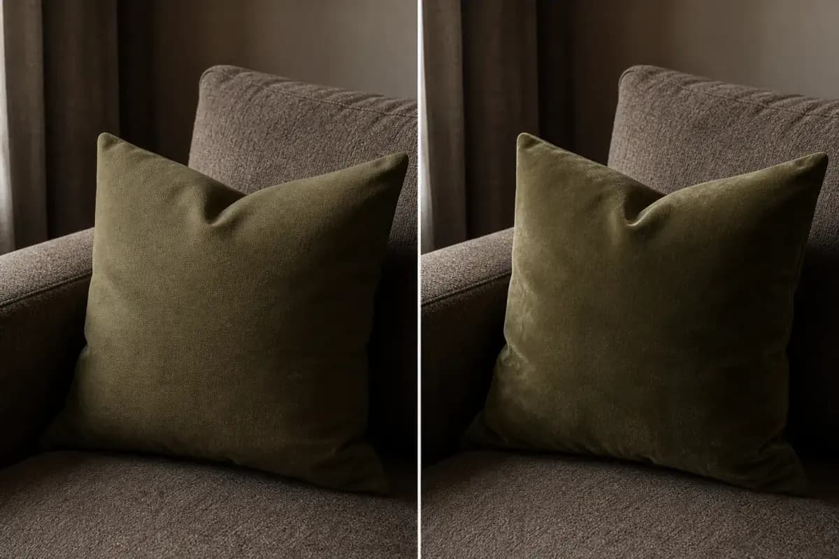 An olive cushion before and after changing cotton fabric to velvet