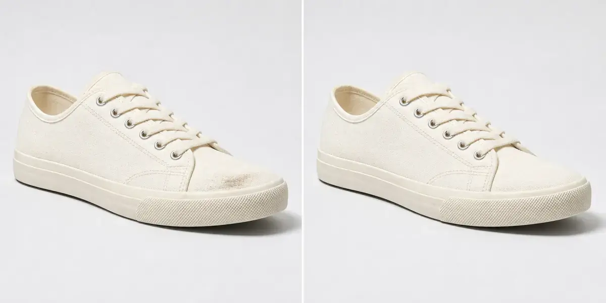 A white canvas sneaker before and after removing a muddy toe stain