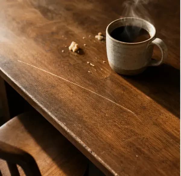 Migalhas em uma mesa de madeira · Resultado do teste