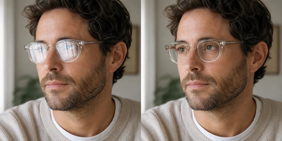 Before and after comparison showing window glare removed from clear eyeglasses