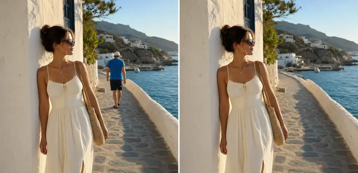 A travel photo before and after removing one background tourist