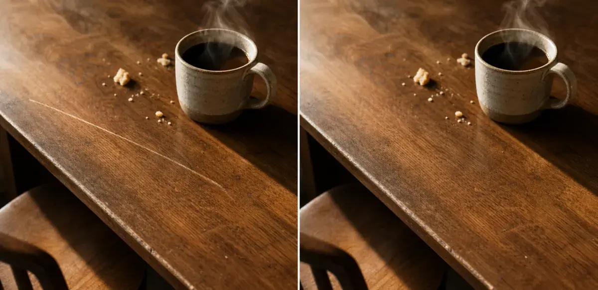 A wooden table before and after repairing one long scratch