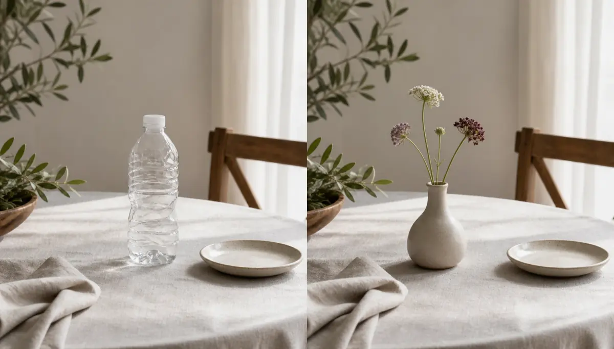 A table scene before and after replacing a plastic bottle with a ceramic vase