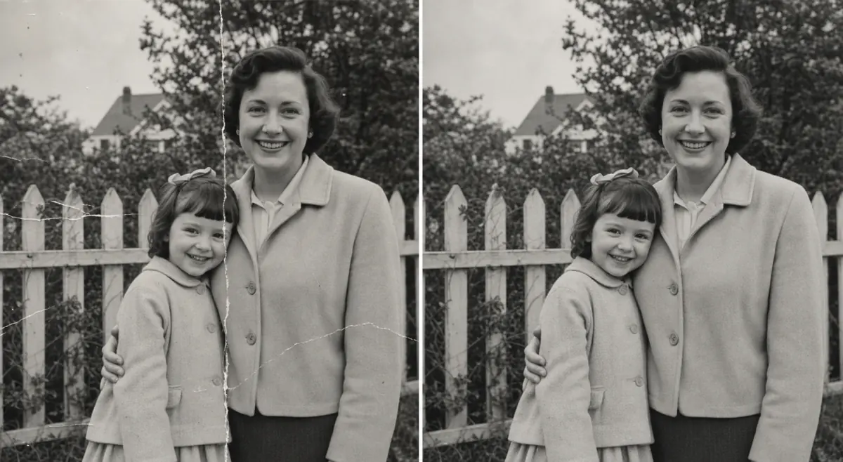 A damaged black-and-white family photo before and after restoration