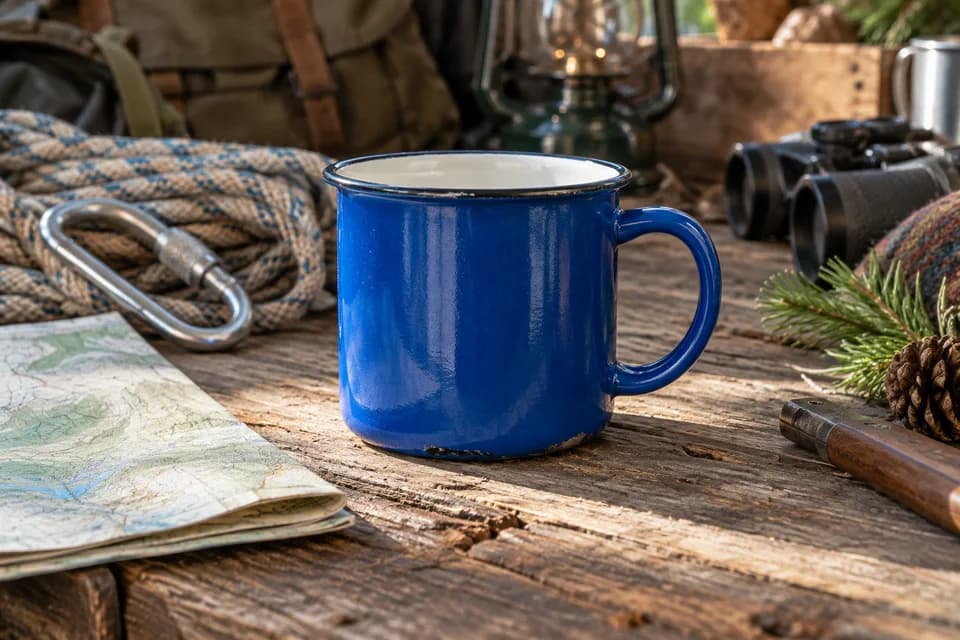 Blue enamel mug among rope, tools, a map and pine branches