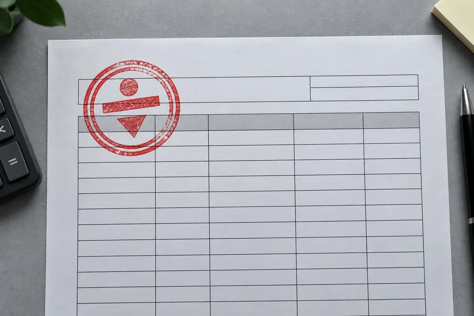 Red stamp overlapping black table lines on a paper form