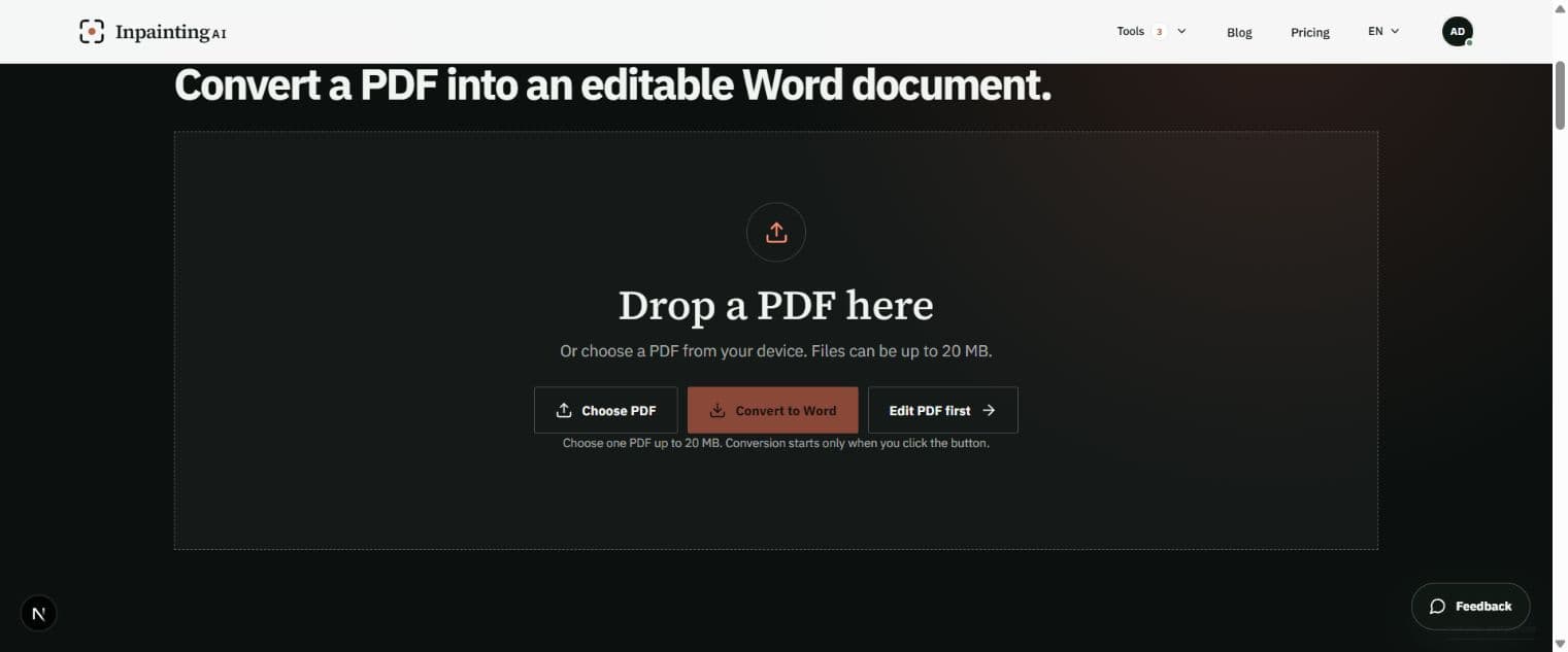 Free PDF to Word converter interface showing the upload area, file limit, and conversion button. Click Choose PDF and select one text-based PDF up to 20 MB.