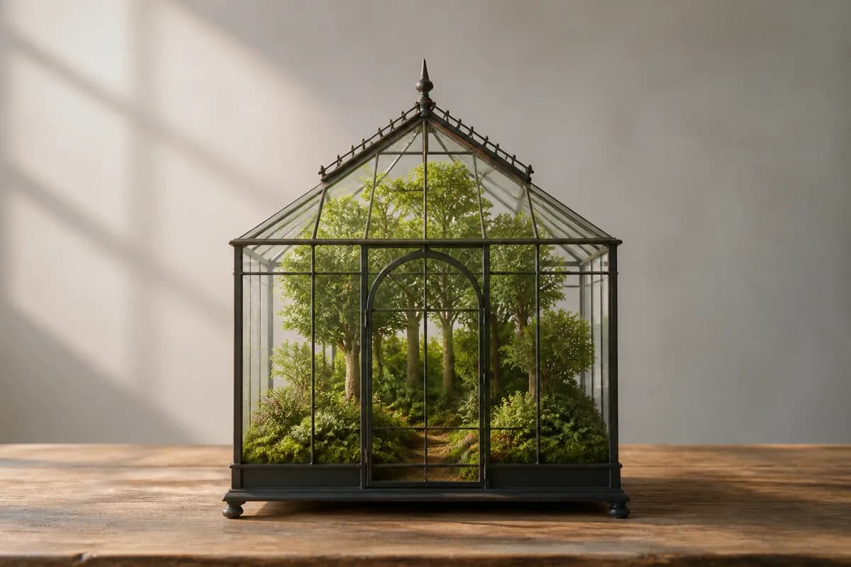 AI-generated glass greenhouse illustrating a clean image with C2PA metadata and invisible SynthID provenance signals